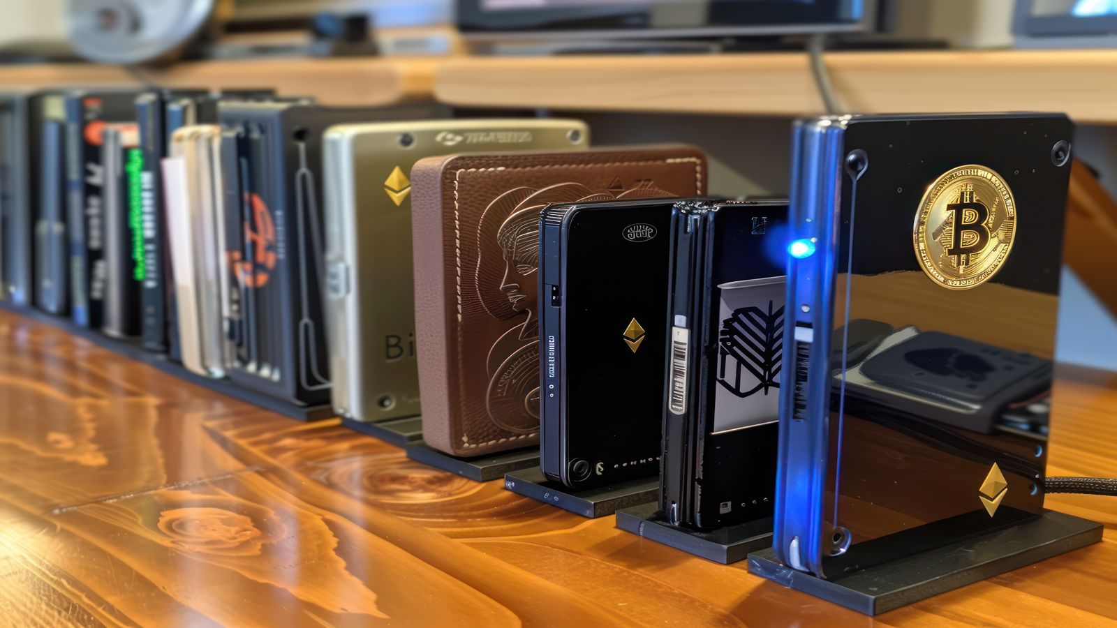 Three hardware wallets side by side: Ledger Flex, Trezor Safe 5, and Cypherock X1