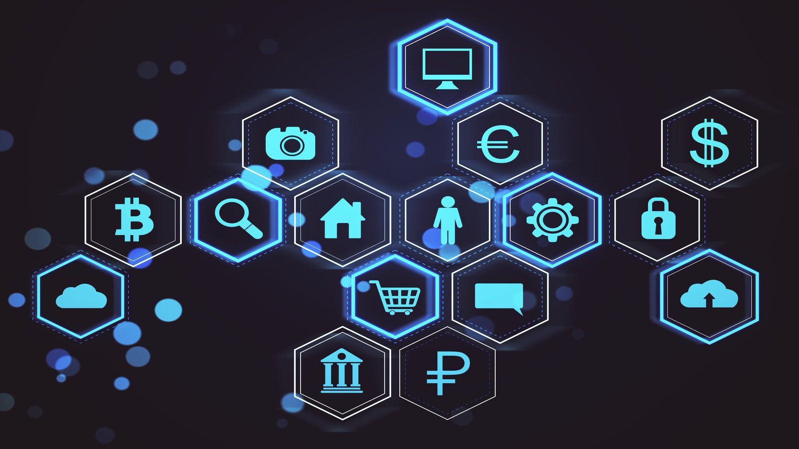 Conceptual illustration of cryptocurrency: blockchain blocks connected in a chain with wallet icons and transaction arrows